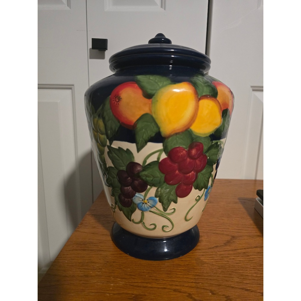 Rare Vintage Nonnis Hand Painted Ceramic Biscotti Jar Fruit Motif Cobalt Blue